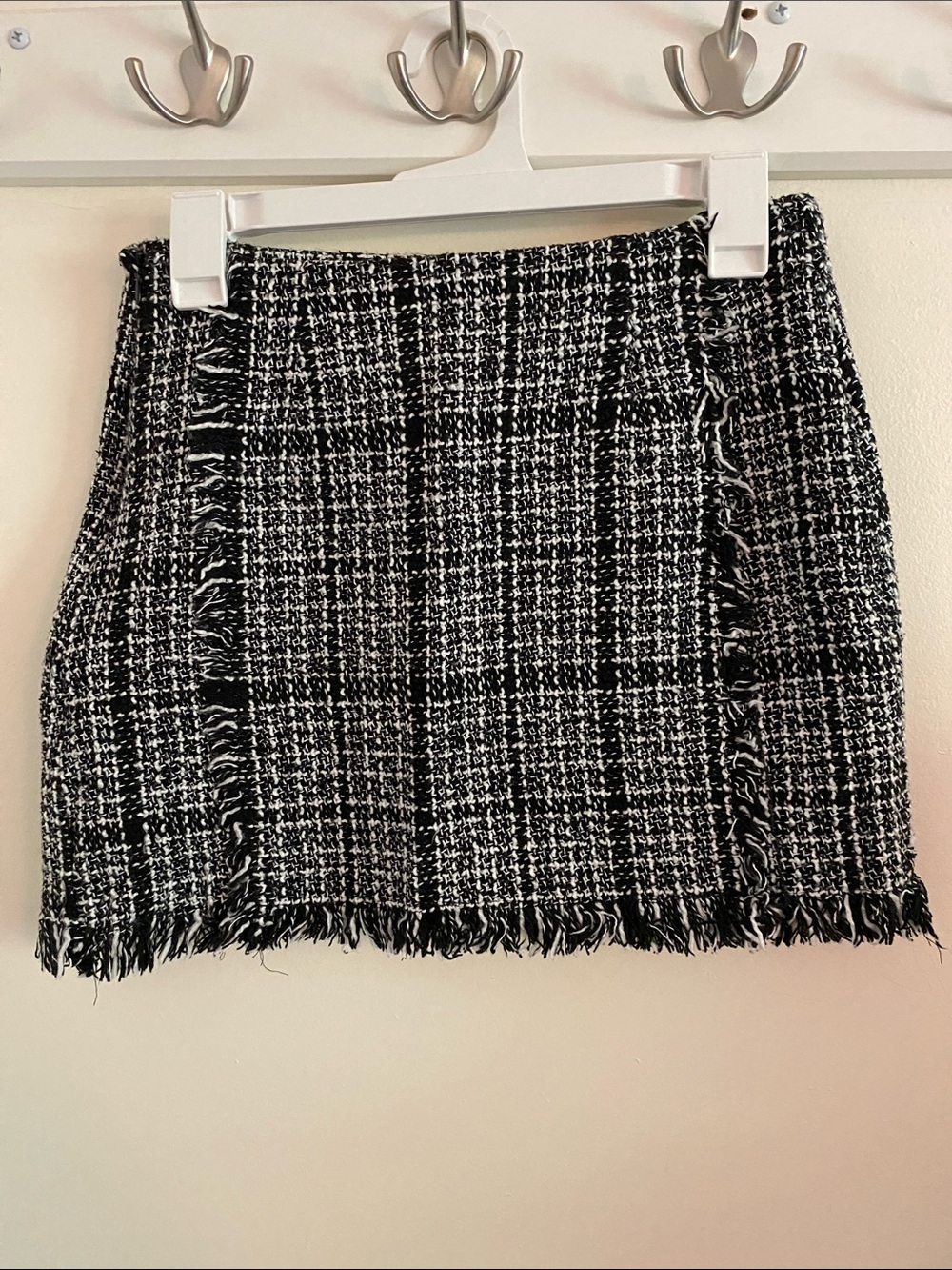SHEIN Black & White Tweed Fringe Mini Skirt